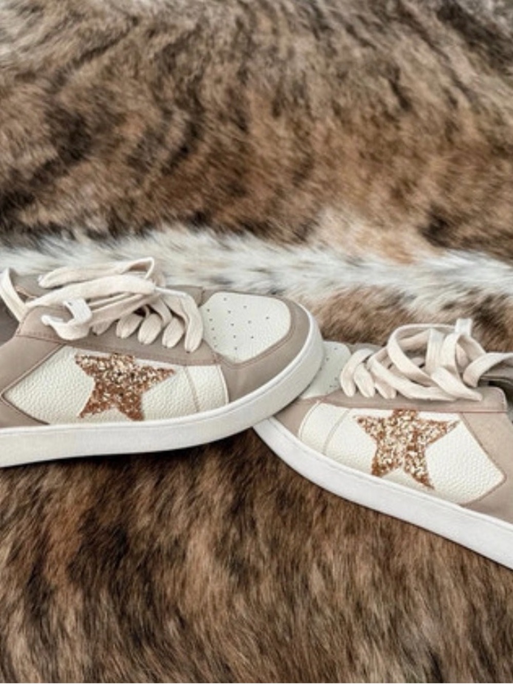 Neutral Cream & Tan Lace-Up Sneakers with Glitter Star Accent